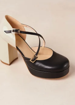 Zapato De Tacón De Lana Bicolor Negro Crema De Cuero